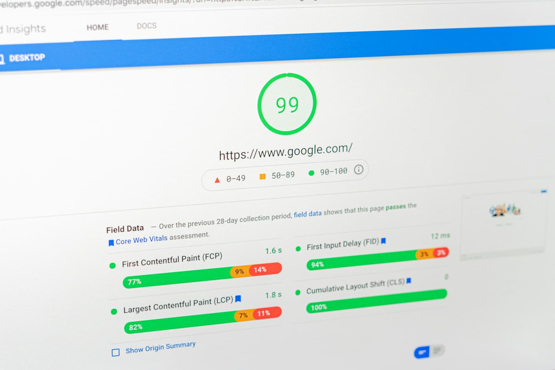 Browser performance audit showing improved Core Web Vitals scores for an online store