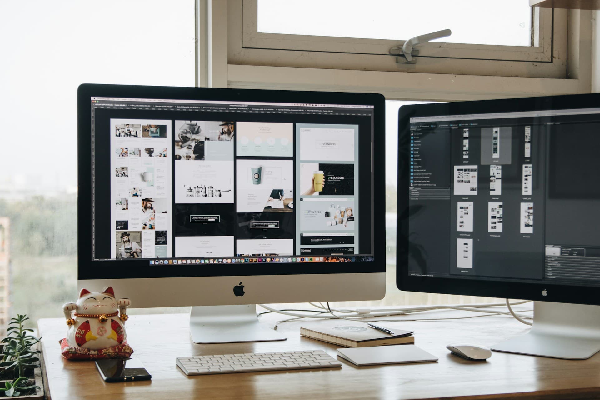 Custom Shopify theme code on a designer's screen with brand colour swatches and a product page mockup